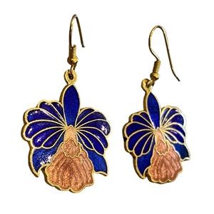 Vintage Blue Bronze Victorian Gold Plated Dangle Earrings Fish Hook Backs